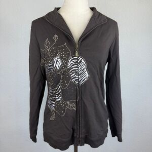 Y2K Studded Sequin Zenergy by Chico's‎ Brown Floral Embellished Full Zip Jacket